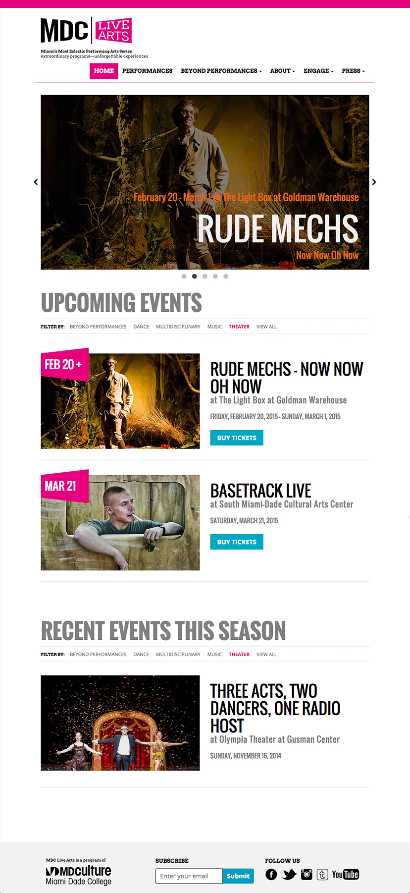 Screenshot of the home page on MDC Live Arts' website