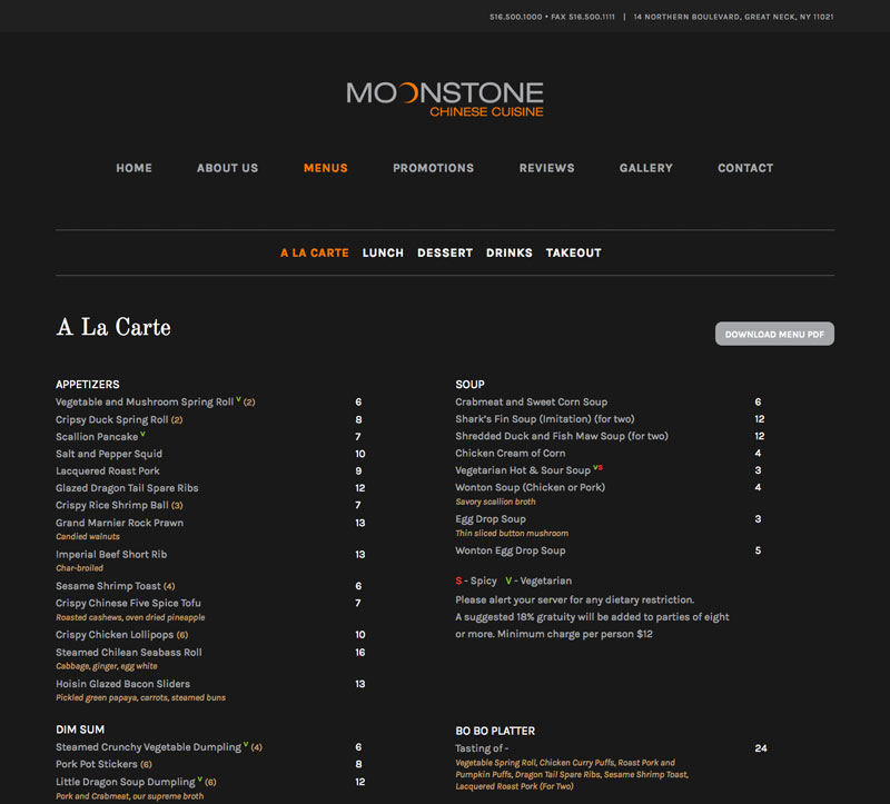 Screenshot of a menu page on the Moonstone Chinese Cuisine's website