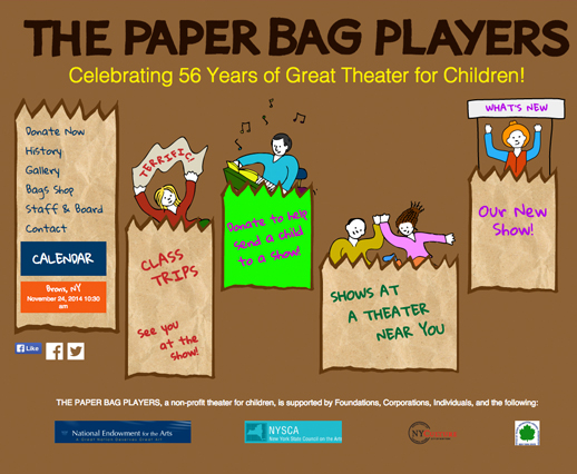 Screen shot of the home page on the Paper Bag Players website