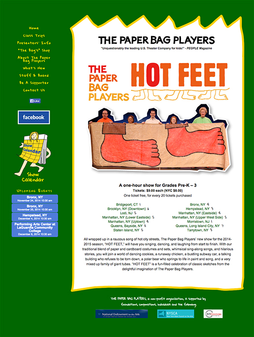 Screen shot of the hot feet performance page on the Paper Bag Players website