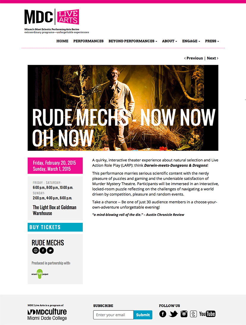 Screenshot of the events page on MDC Live Arts' website